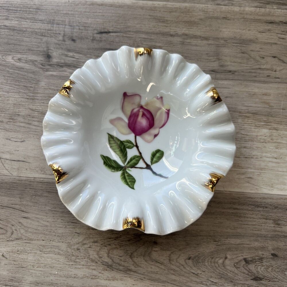RARE Mitterteich Bavaria Germany Norway Rose Pattern Golden Ruffled Trinket Dish